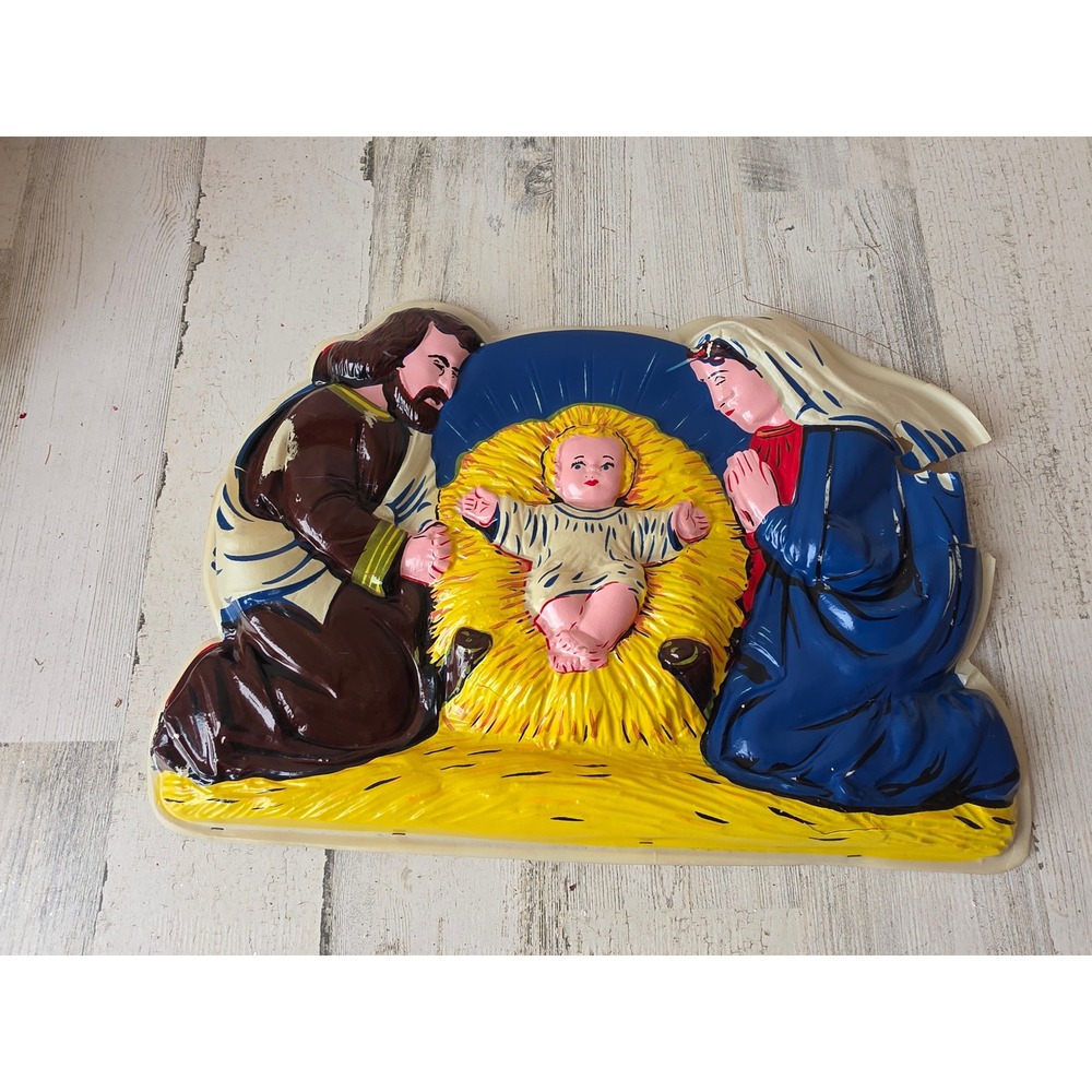 Vintage blow mold plastic hanging Nativity Jesus Mary Joseph as is light up
